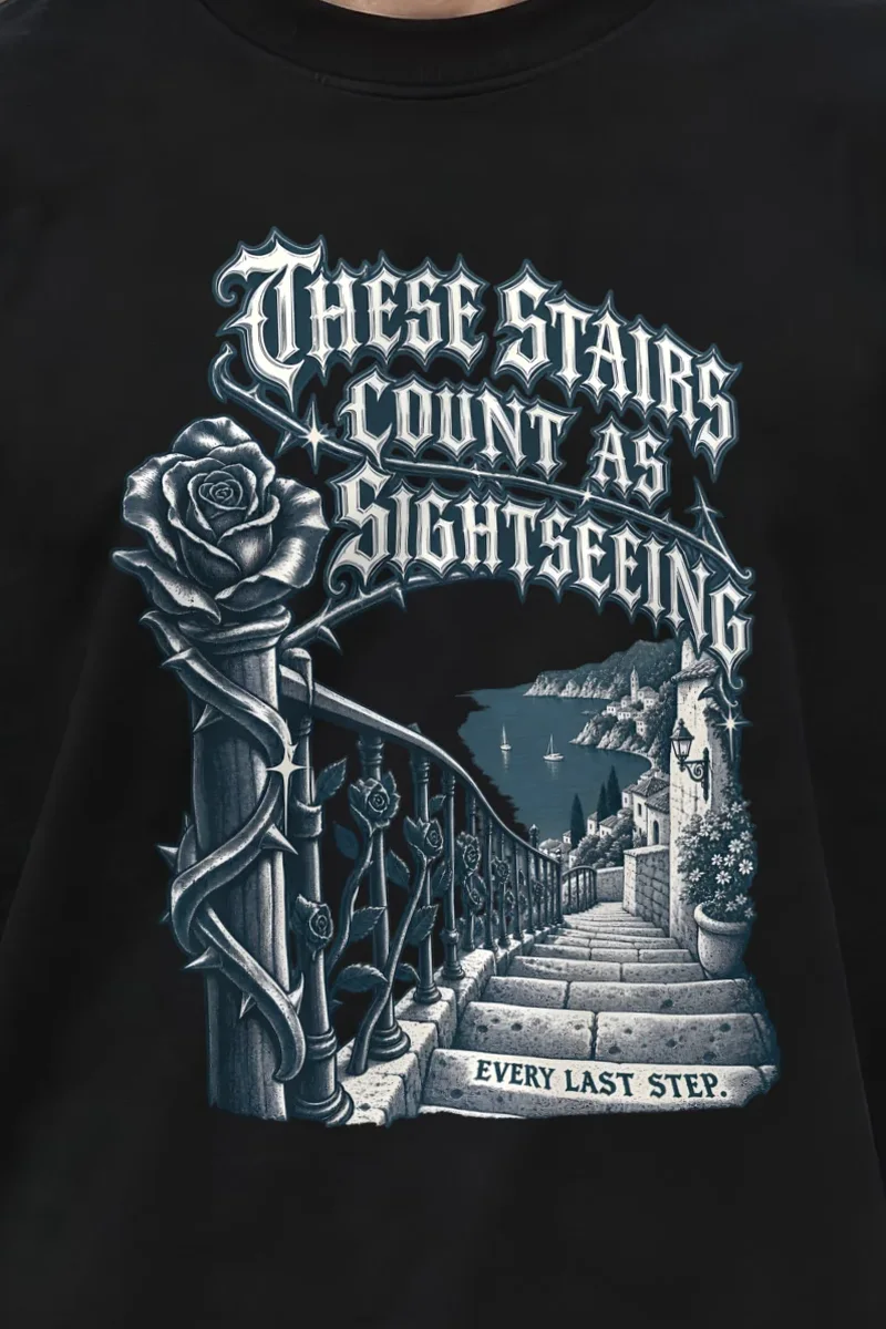 "These Stairs Count As Sightseeing" Men’s Oversized Heavyweight Crewneck T-Shirt - the graphic up close