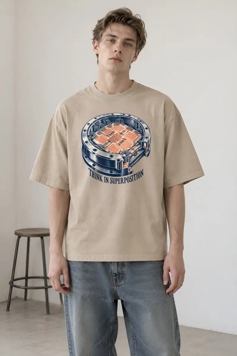 “Think in Superposition” Men’s Oversized Heavyweight Crewneck T-Shirt