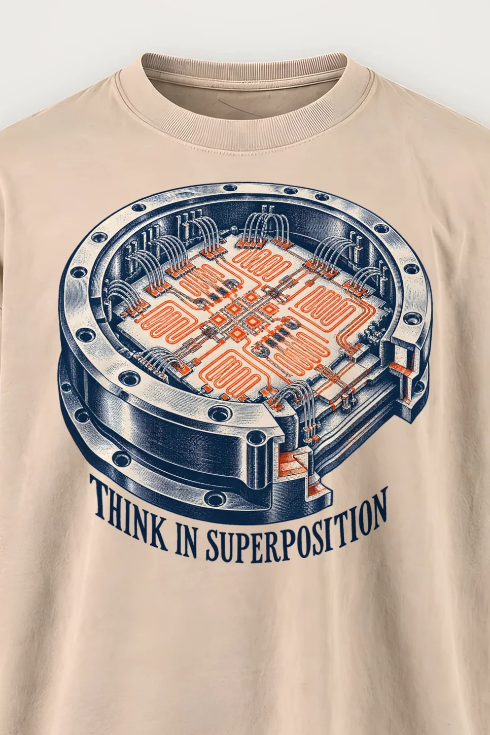 "Think in Superposition" Men’s Oversized Heavyweight Crewneck T-Shirt - the graphic up close