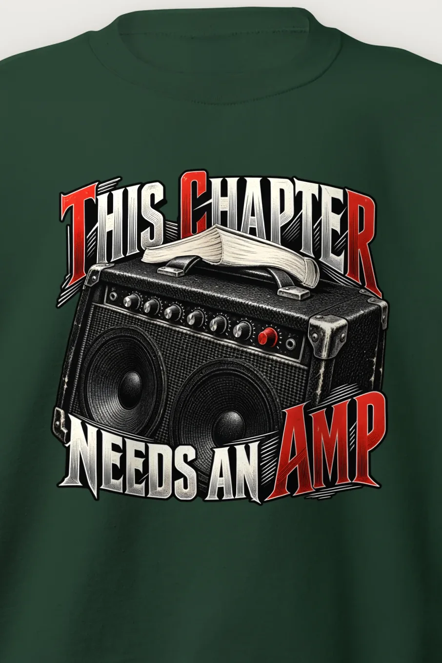 "This Chapter Needs an Amp" Heavy Blend Unisex Crewneck Sweatshirt - the graphic up close