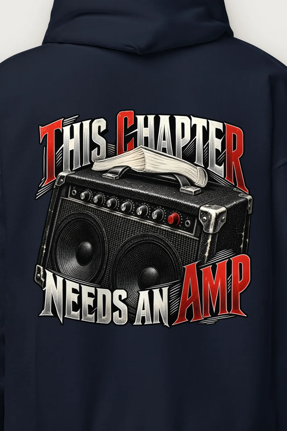 "This Chapter Needs an Amp" Heavy Blend Unisex Pullover Hoodie - the graphic up close