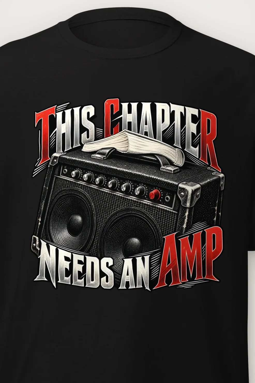 "This Chapter Needs an Amp" Heavyweight Unisex Crewneck T-shirt - the graphic up close