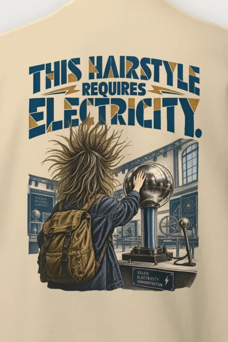 "This Hairstyle Requires Electricity" Heavy Blend Unisex Crewneck Sweatshirt - the graphic up close