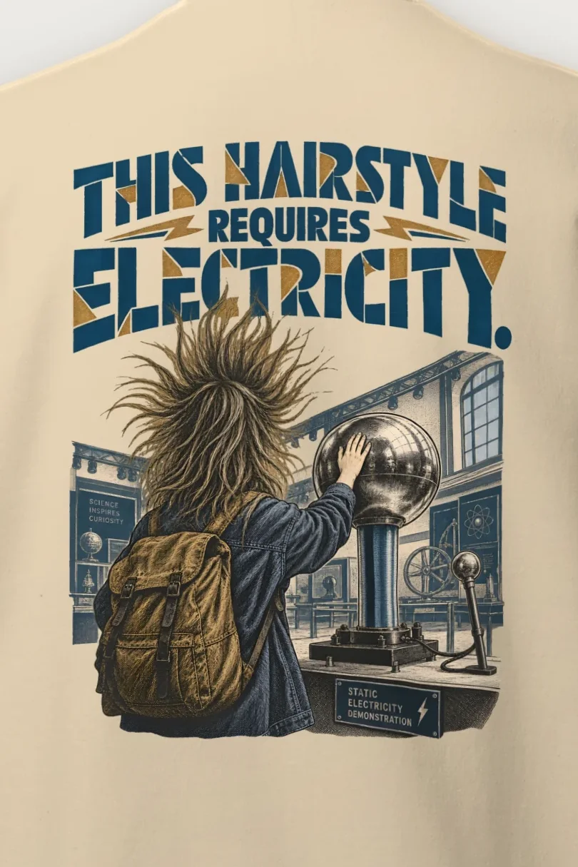 "This Hairstyle Requires Electricity" Heavy Blend Unisex Crewneck Sweatshirt - the graphic up close