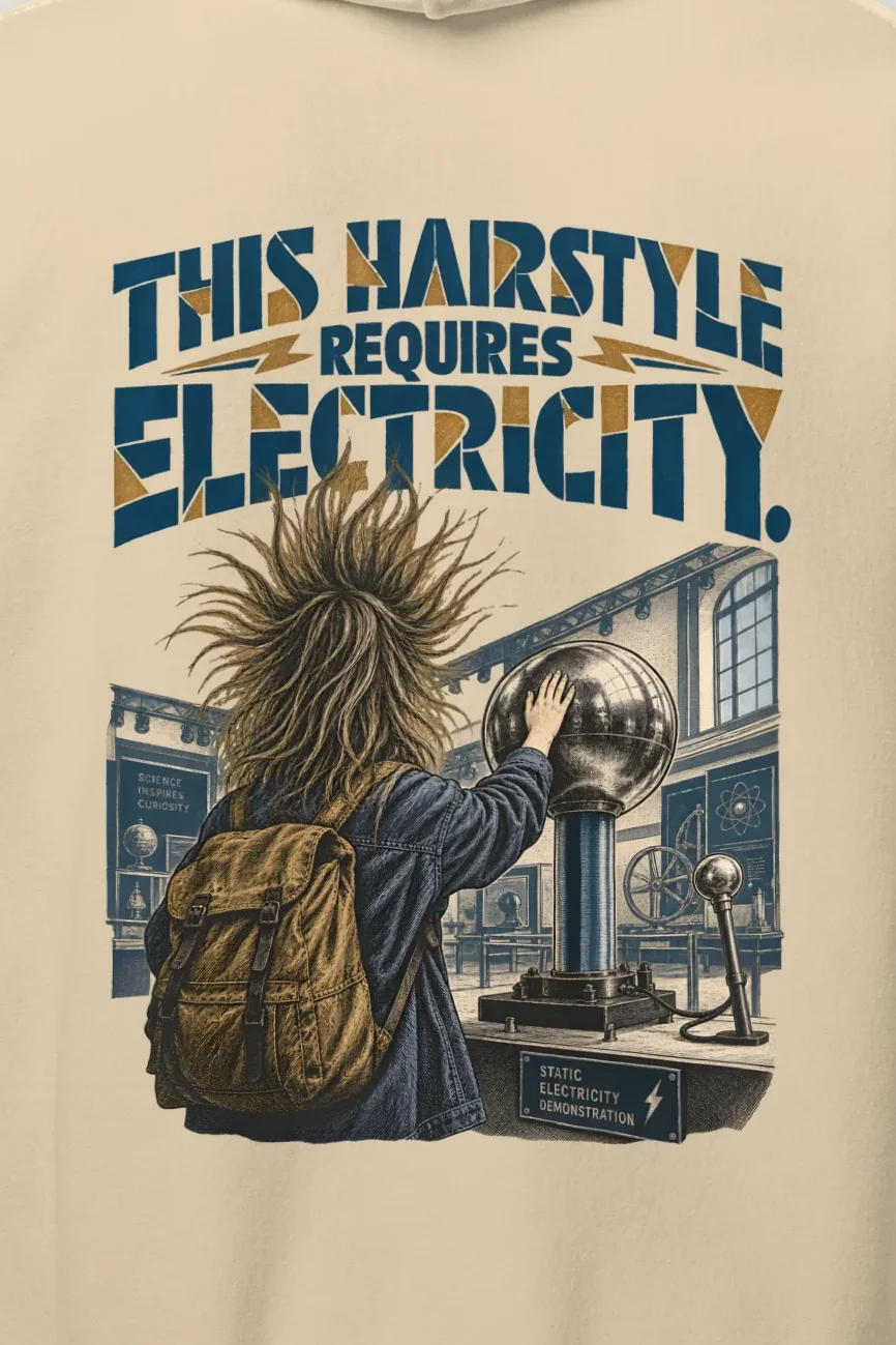 "This Hairstyle Requires Electricity" Heavy Blend Unisex Pullover Hoodie - the graphic up close