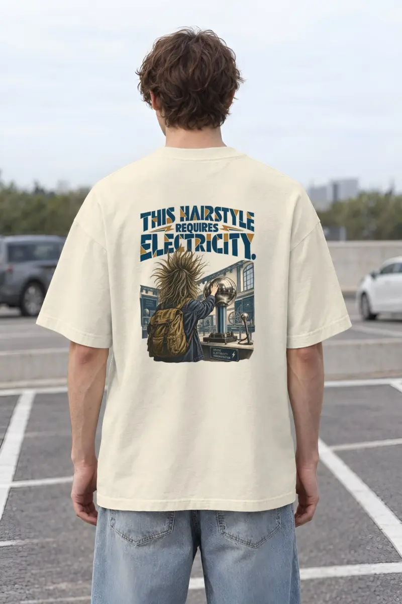 "This Hairstyle Requires Electricity" Unisex Oversized Heavyweight Crewneck T-Shirt