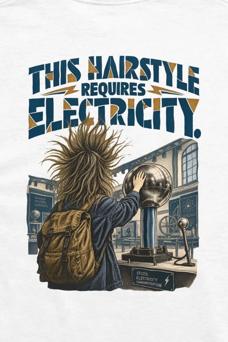 "This Hairstyle Requires Electricity" Unisex Longsleeve T-shirt - the graphic up close