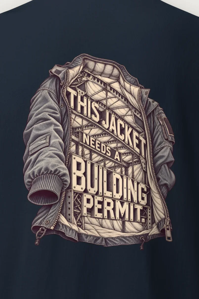 "This Jacket Needs a Building Permit" Heavyweight Unisex Crewneck T-shirt - the graphic up close