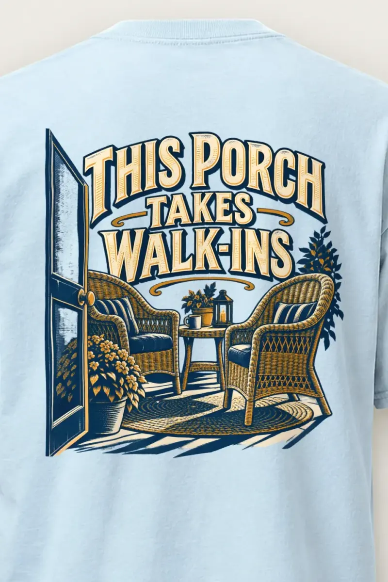 "This Porch Takes Walk-Ins" Heavyweight Unisex Crewneck T-shirt - the graphic up close