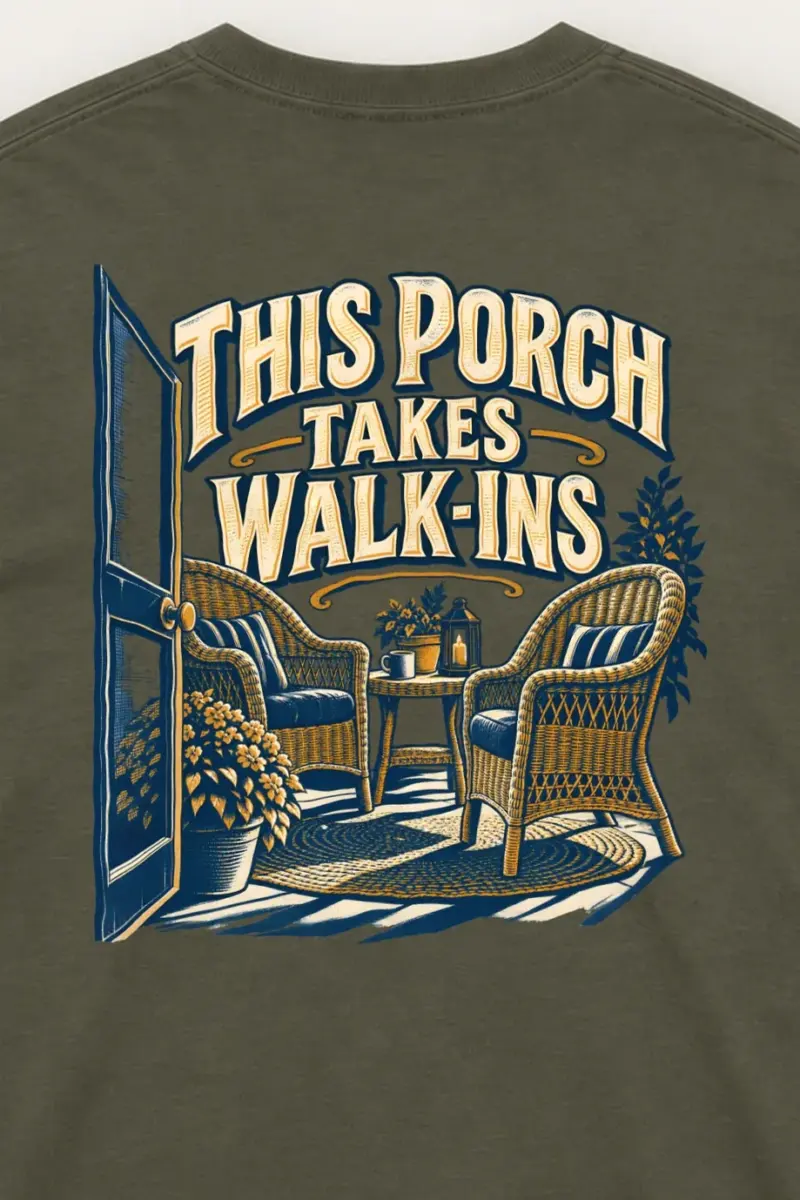 "This Porch Takes Walk-Ins" Unisex Longsleeve T-shirt - the graphic up close