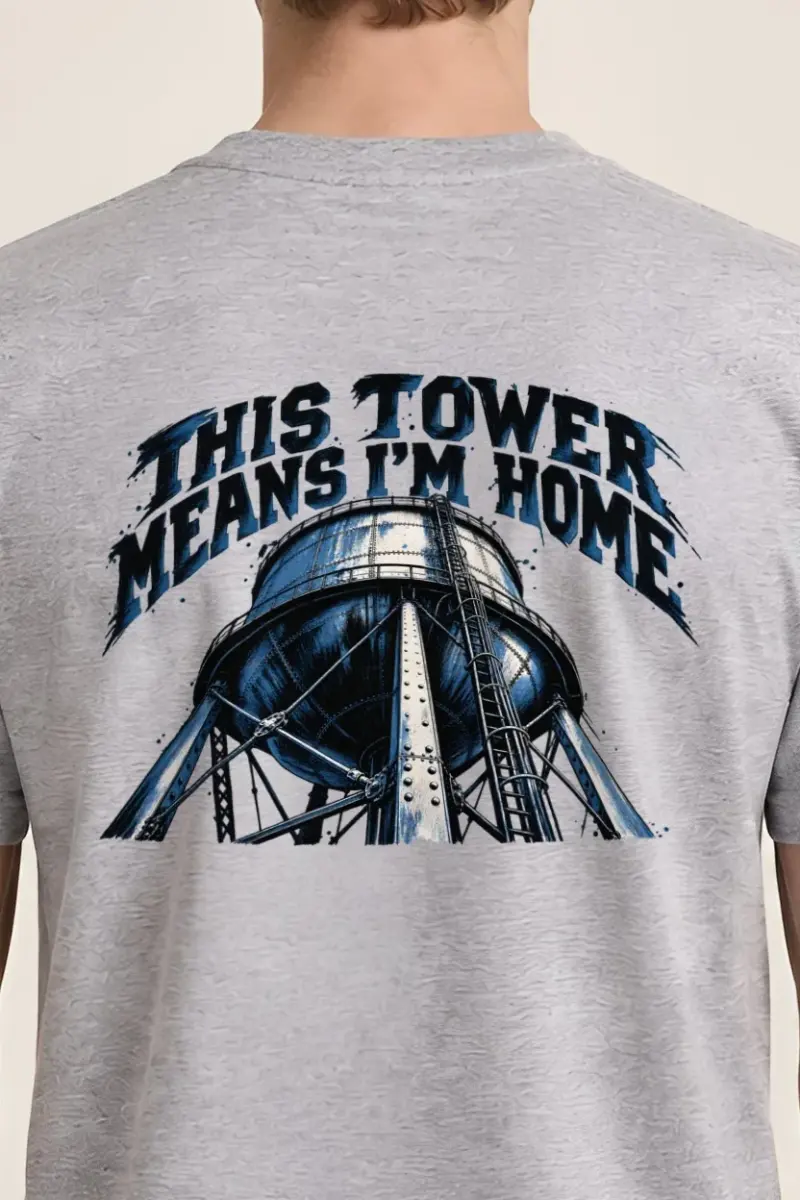 "This Tower Means I’m Home" Heavyweight Unisex Crewneck T-shirt - the graphic up close