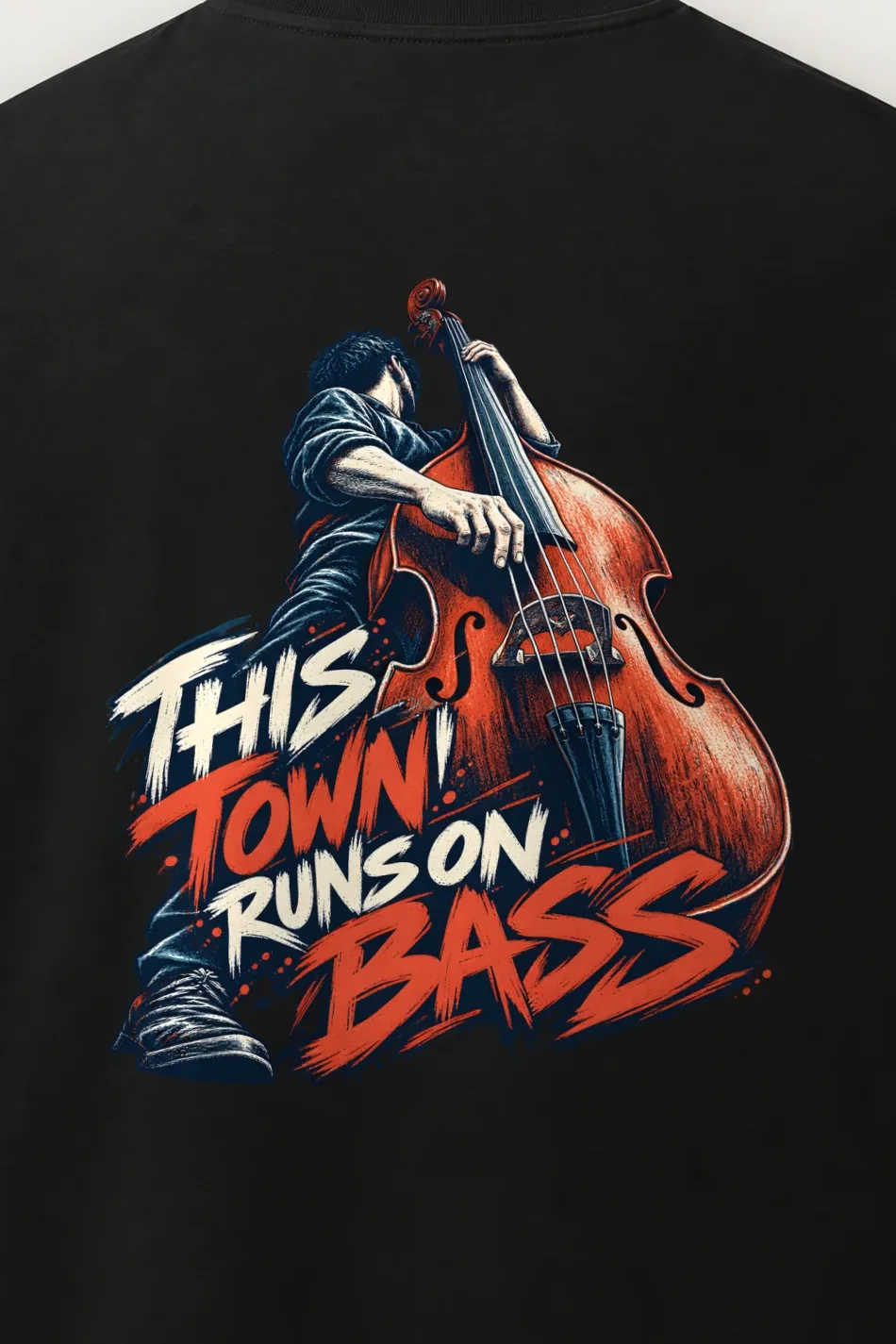 "This Town Runs on Bass" Men’s Oversized Heavyweight Crewneck T-Shirt - the graphic up close