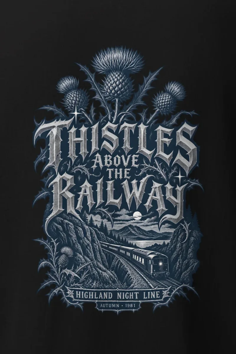 "Thistles Above the Railway" Heavyweight Unisex Crewneck T-shirt - the graphic up close