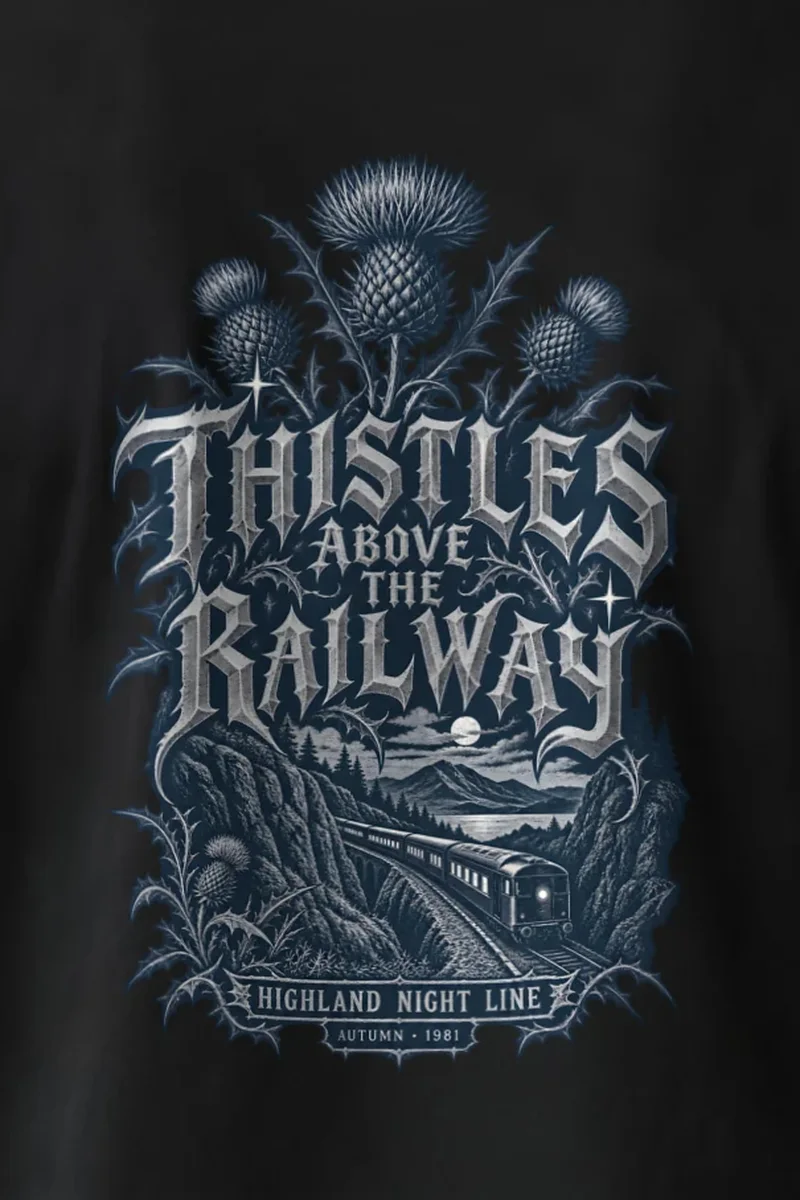 "Thistles Above the Railway" Heavyweight Unisex Crewneck T-shirt - the graphic up close