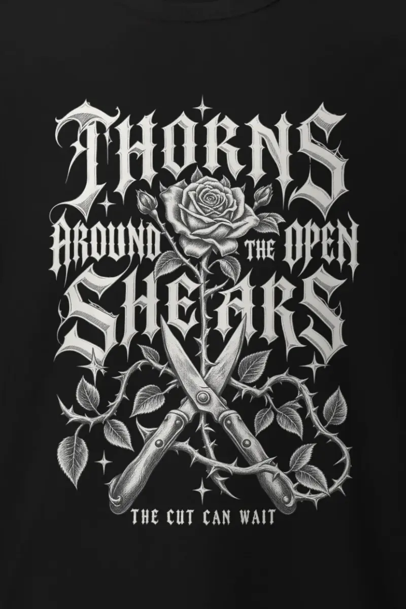"Thorns Around the Open Shears" Heavyweight Unisex Crewneck T-shirt - the graphic up close