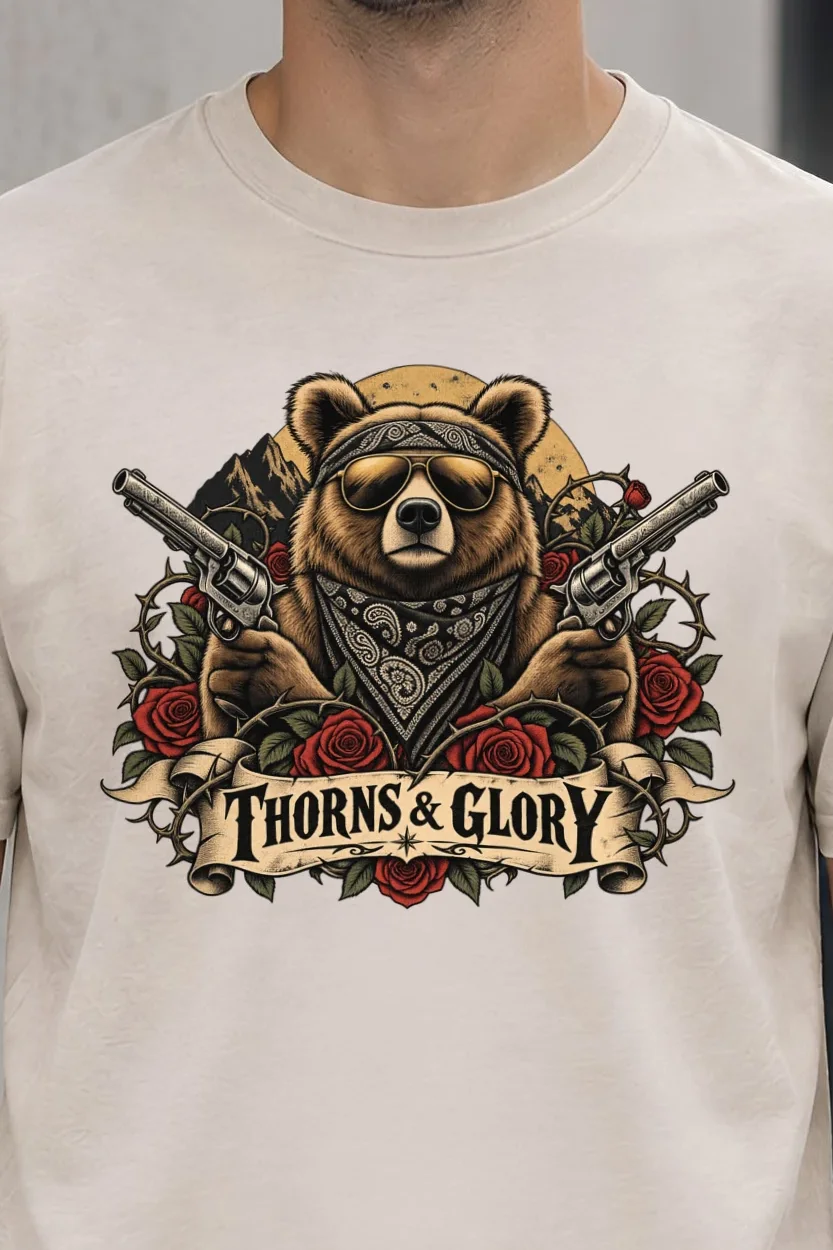 "Thorns & Glory" Heavyweight Unisex Crewneck T-shirt - the graphic up close