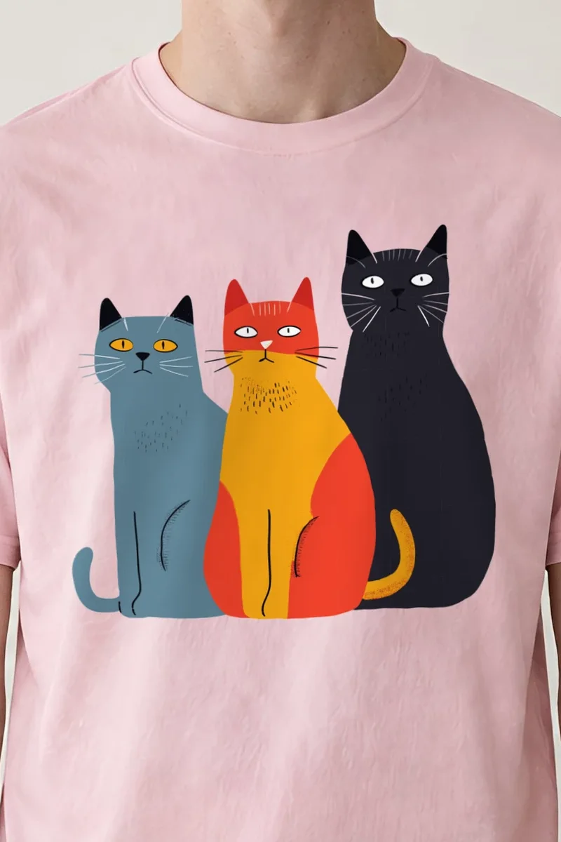 "Three Cat Lineup" Heavyweight Unisex Crewneck T-shirt - the graphic up close