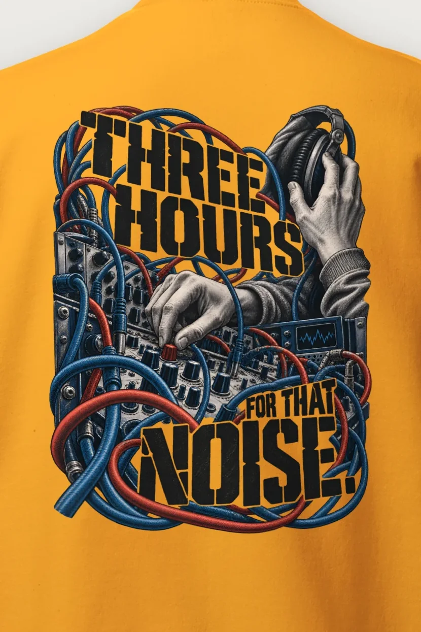 "Three Hours for That Noise" Heavy Blend Unisex Crewneck Sweatshirt - the graphic up close