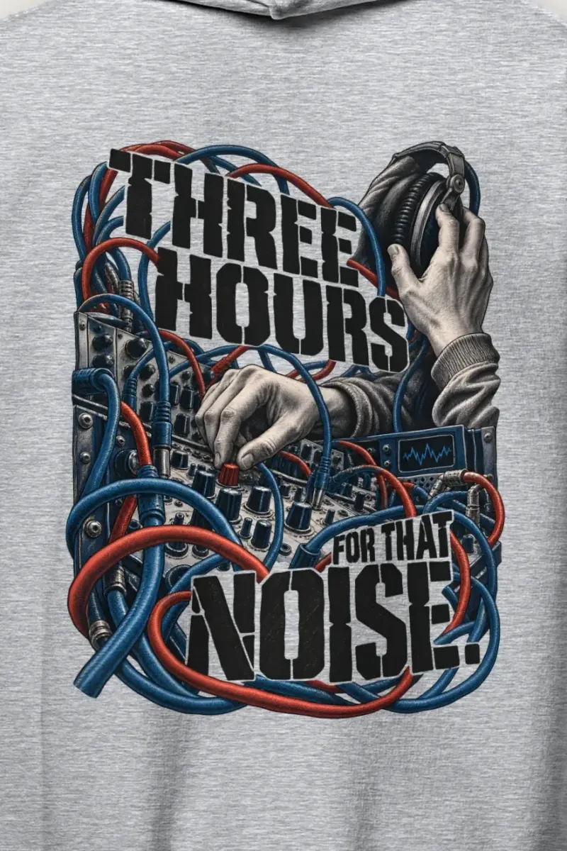 "Three Hours for That Noise" Heavy Blend Unisex Pullover Hoodie - the graphic up close