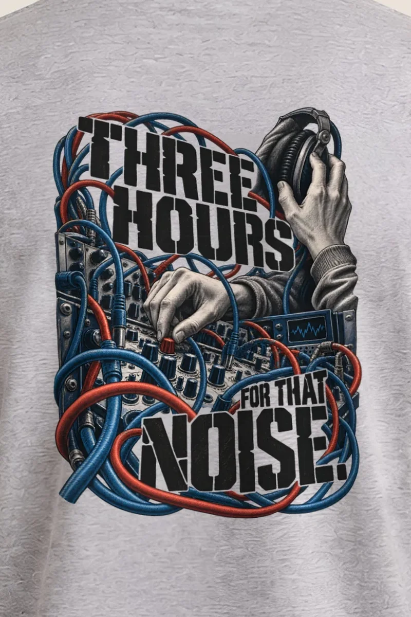 "Three Hours for That Noise" Heavyweight Unisex Crewneck T-shirt - the graphic up close