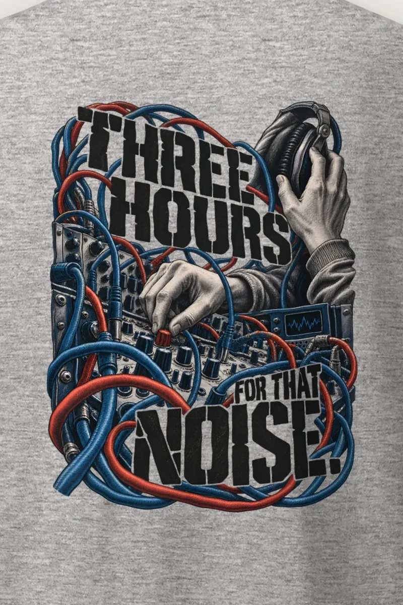 "Three Hours for That Noise" Heavyweight Unisex Crewneck T-shirt - the graphic up close