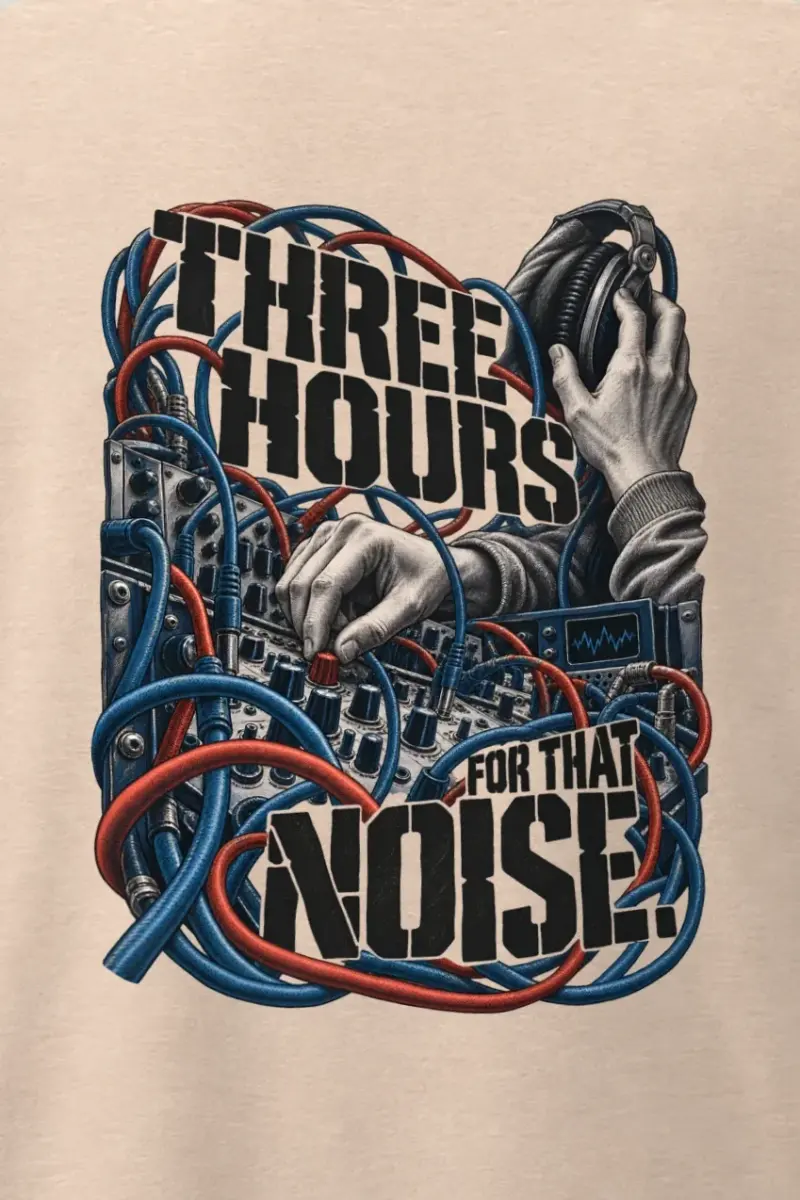 "Three Hours for That Noise" Men’s Oversized Heavyweight Crewneck T-Shirt - the graphic up close
