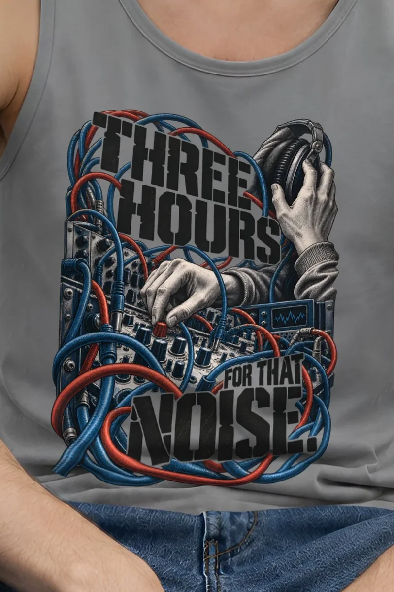 "Three Hours for That Noise" Unisex Jersey Tank - the graphic up close