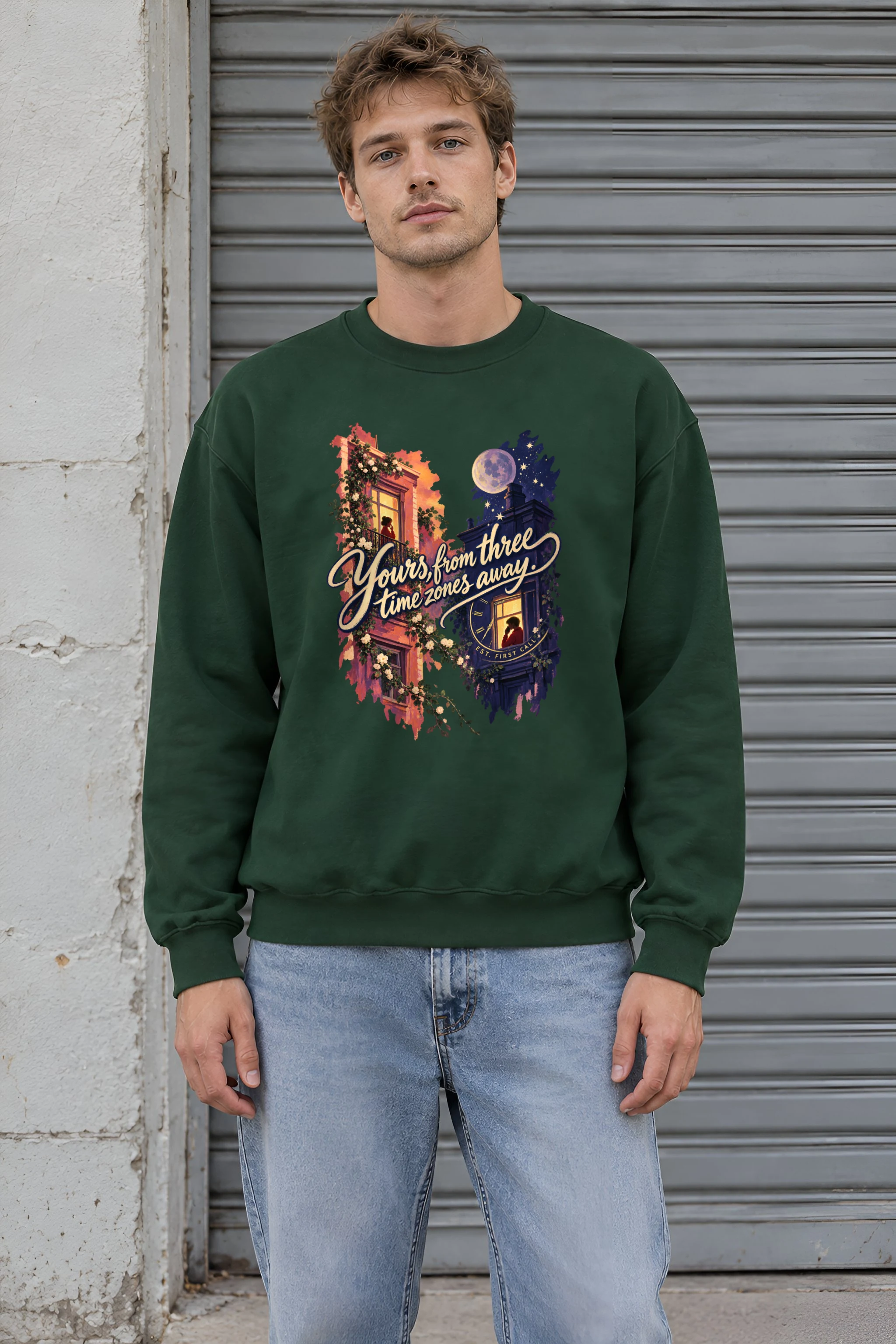 "Three Time Zones Away" Unisex Crewneck Sweatshirt