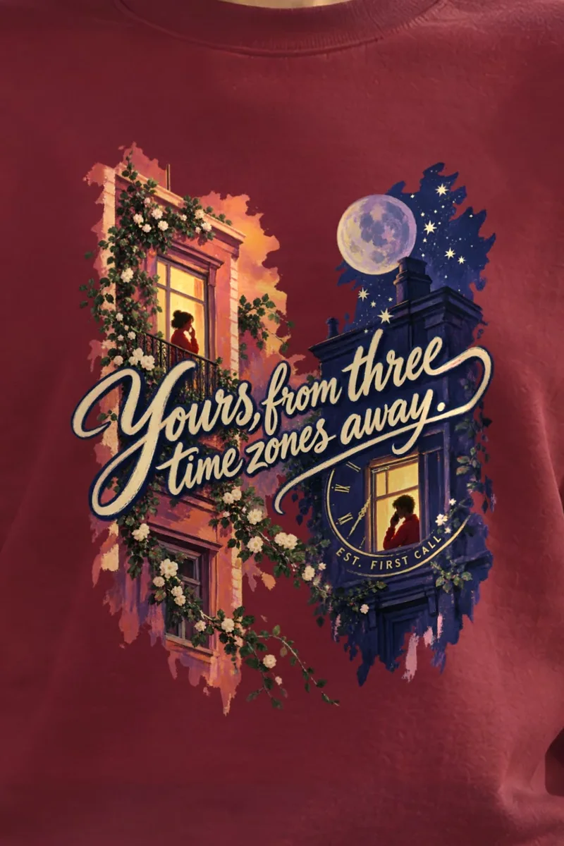 "Three Time Zones Away" Unisex Crewneck Sweatshirt - the graphic up close