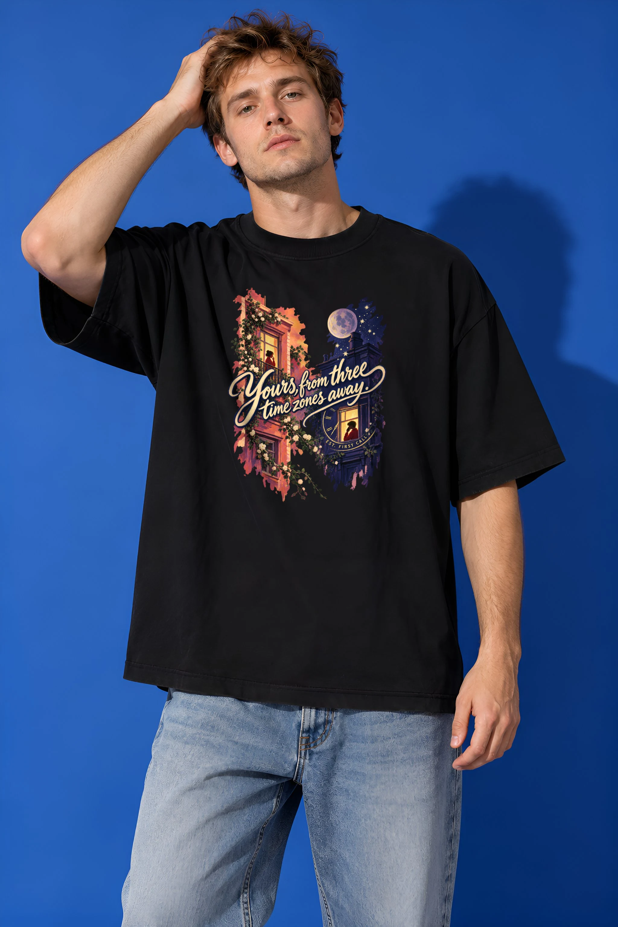 "Three Time Zones" Unisex Oversized Heavyweight Crewneck T-Shirt