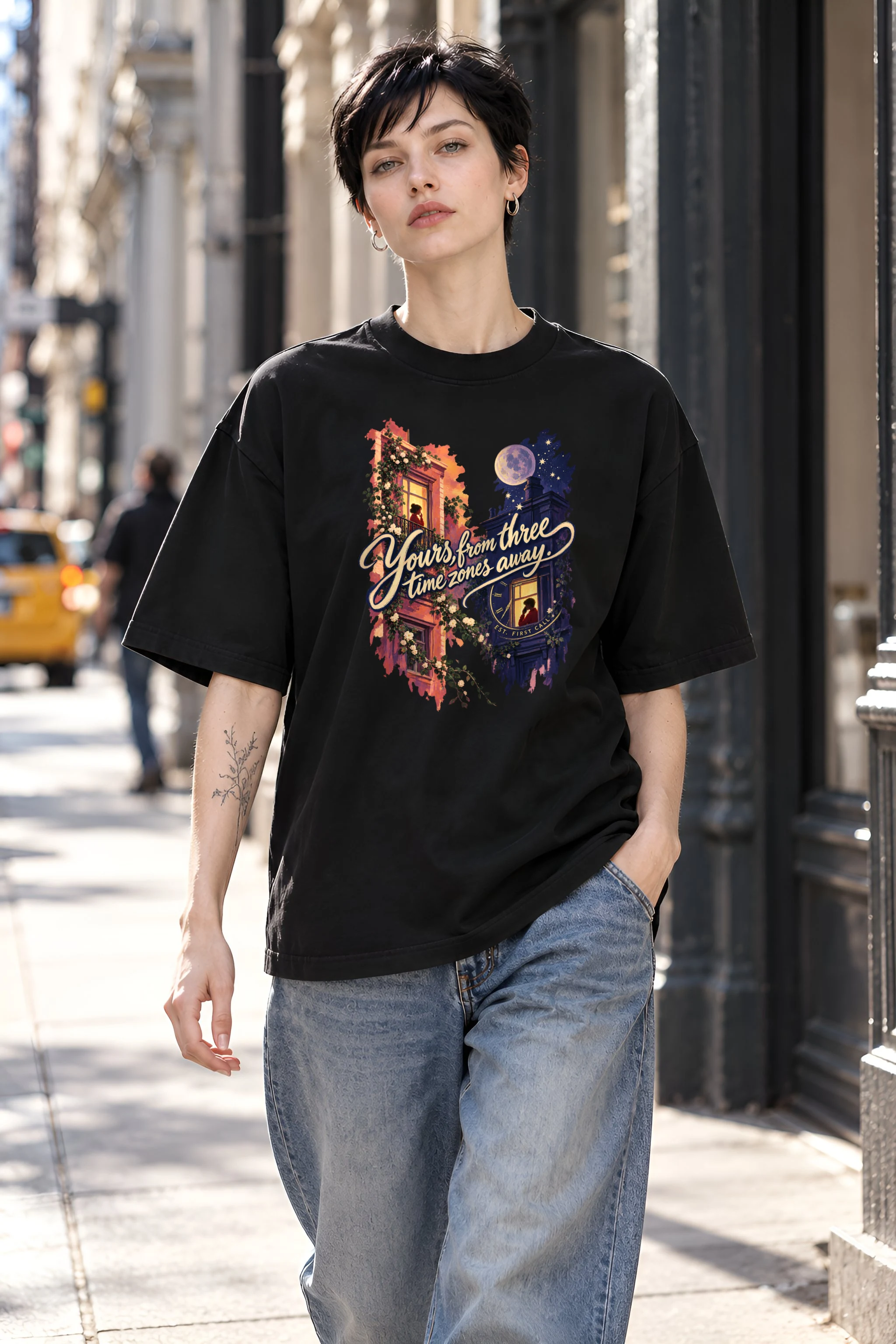 "Three Time Zones" Unisex Oversized Heavyweight Crewneck T-Shirt