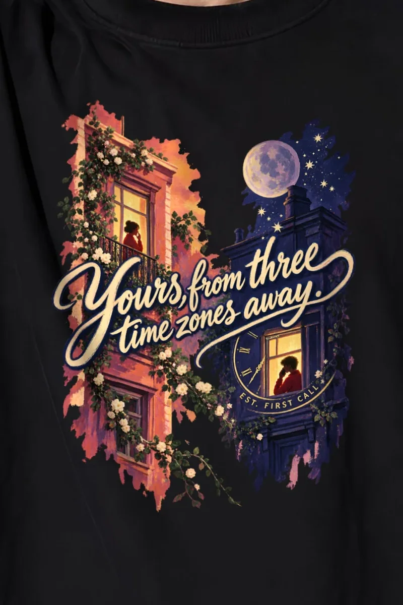 "Three Time Zones" Unisex Oversized Heavyweight Crewneck T-Shirt - the graphic up close