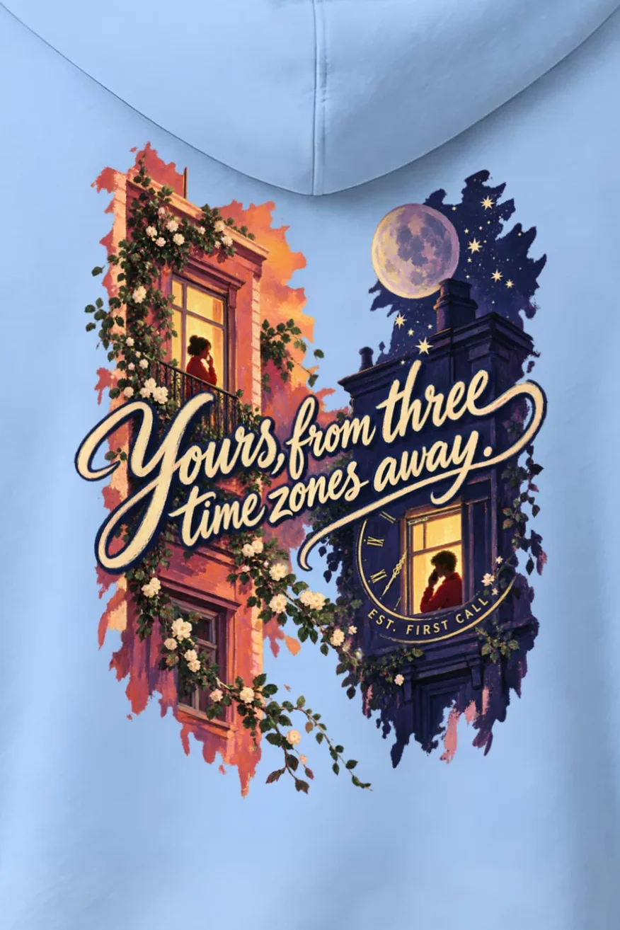 "Three Time Zones" Unisex Pullover Hoodie - the graphic up close