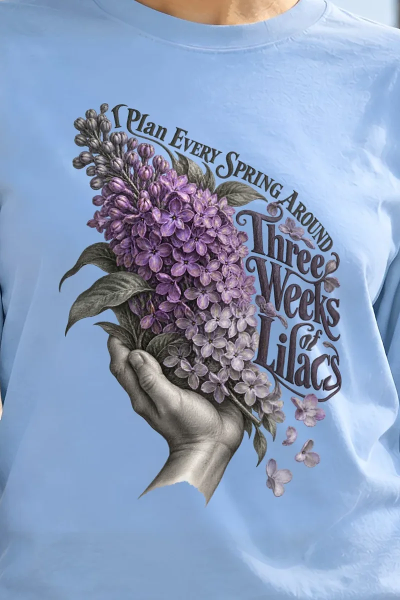 "Three Weeks of Lilacs" Unisex Longsleeve T-shirt - the graphic up close