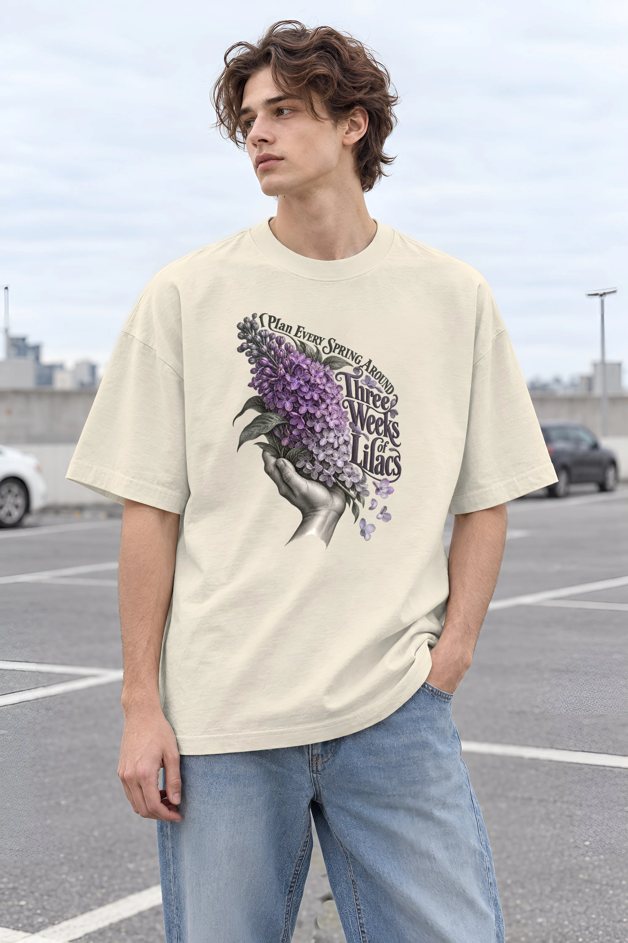 "Three Weeks of Lilacs" Unisex Oversized Heavyweight Crewneck T-Shirt