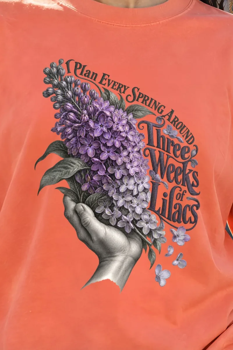 "Three Weeks of Lilacs" Unisex Oversized Heavyweight Crewneck T-Shirt - the graphic up close