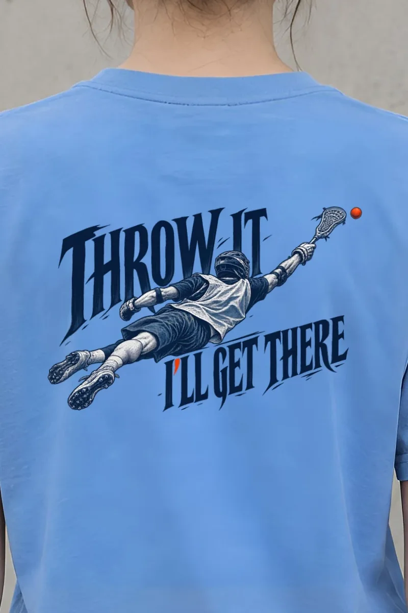 "Throw It, I’ll Get There" Heavyweight Unisex Crewneck T-shirt - the graphic up close
