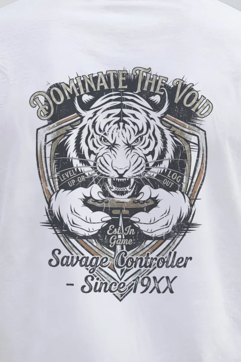 "Tiger Controller Shield" Heavyweight Unisex Crewneck T-shirt - the graphic up close