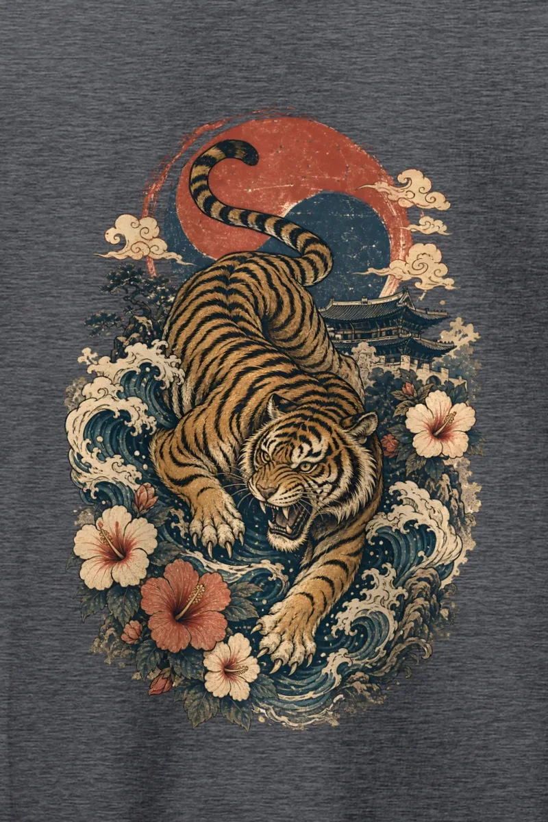 "Tiger Wave Sun" Heavy Blend Unisex Pullover Hoodie - the graphic up close