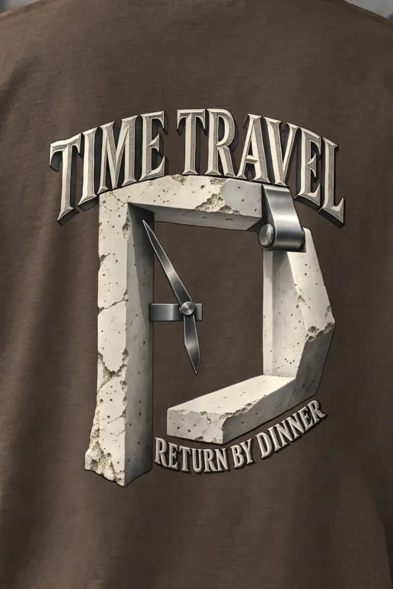"Time Travel Return By Dinner" Men’s Oversized Heavyweight Crewneck T-Shirt - the graphic up close