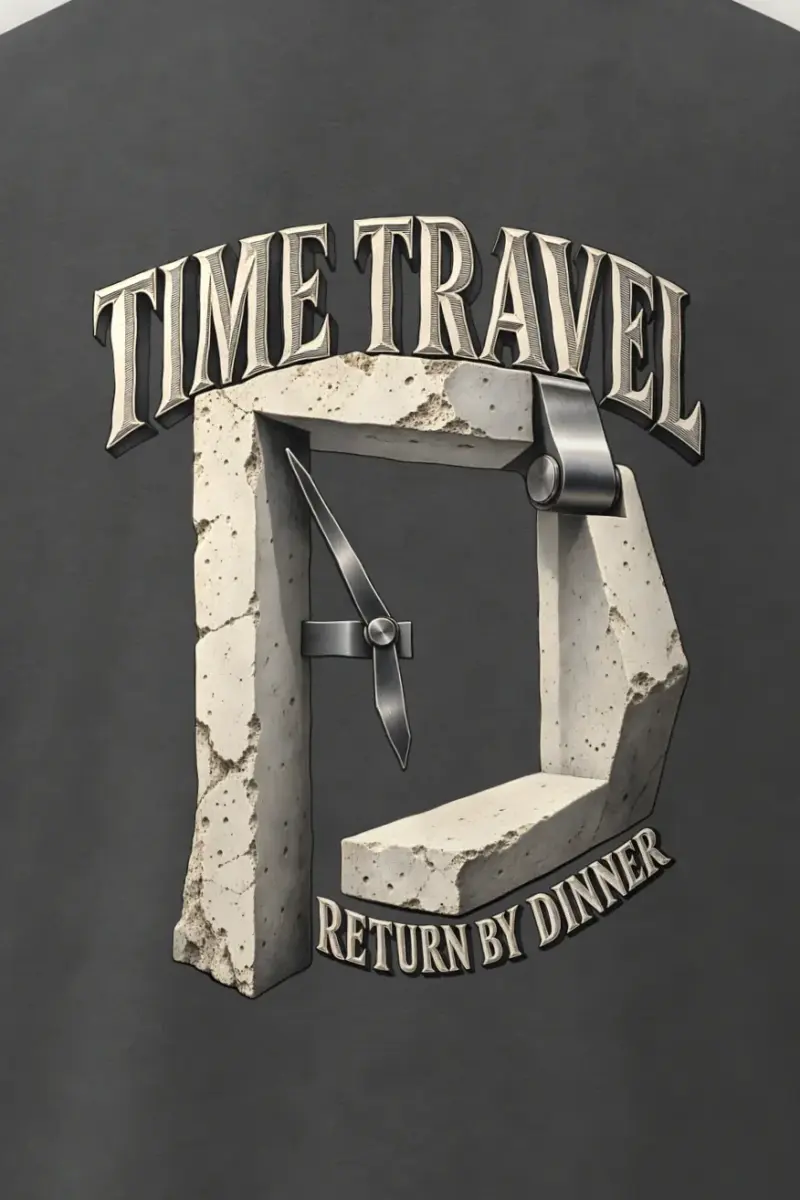 "Time Travel Return By Dinner" Men’s Oversized Heavyweight Crewneck T-Shirt - the graphic up close
