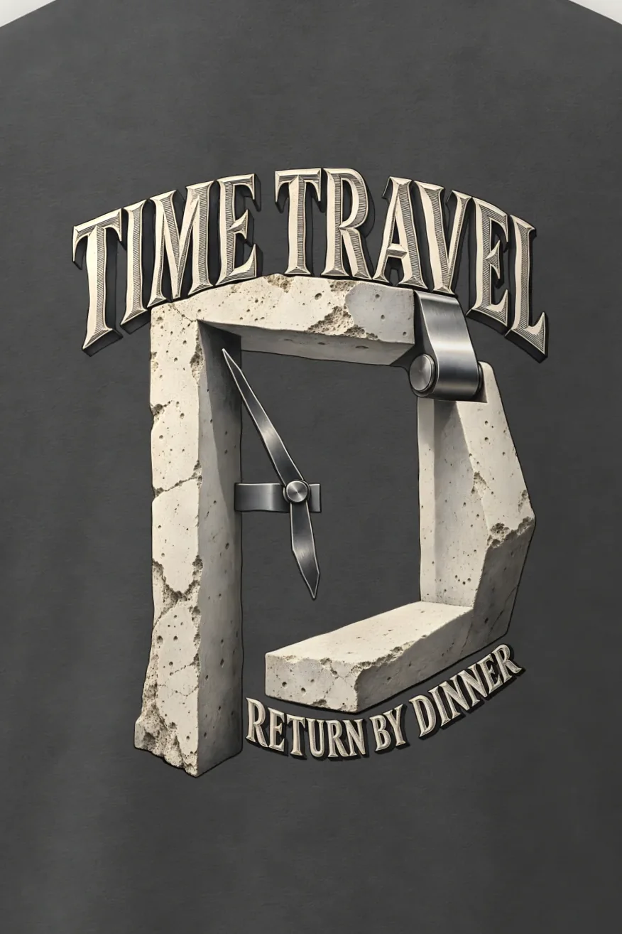 "Time Travel Return By Dinner" Men’s Oversized Heavyweight Crewneck T-Shirt - the graphic up close