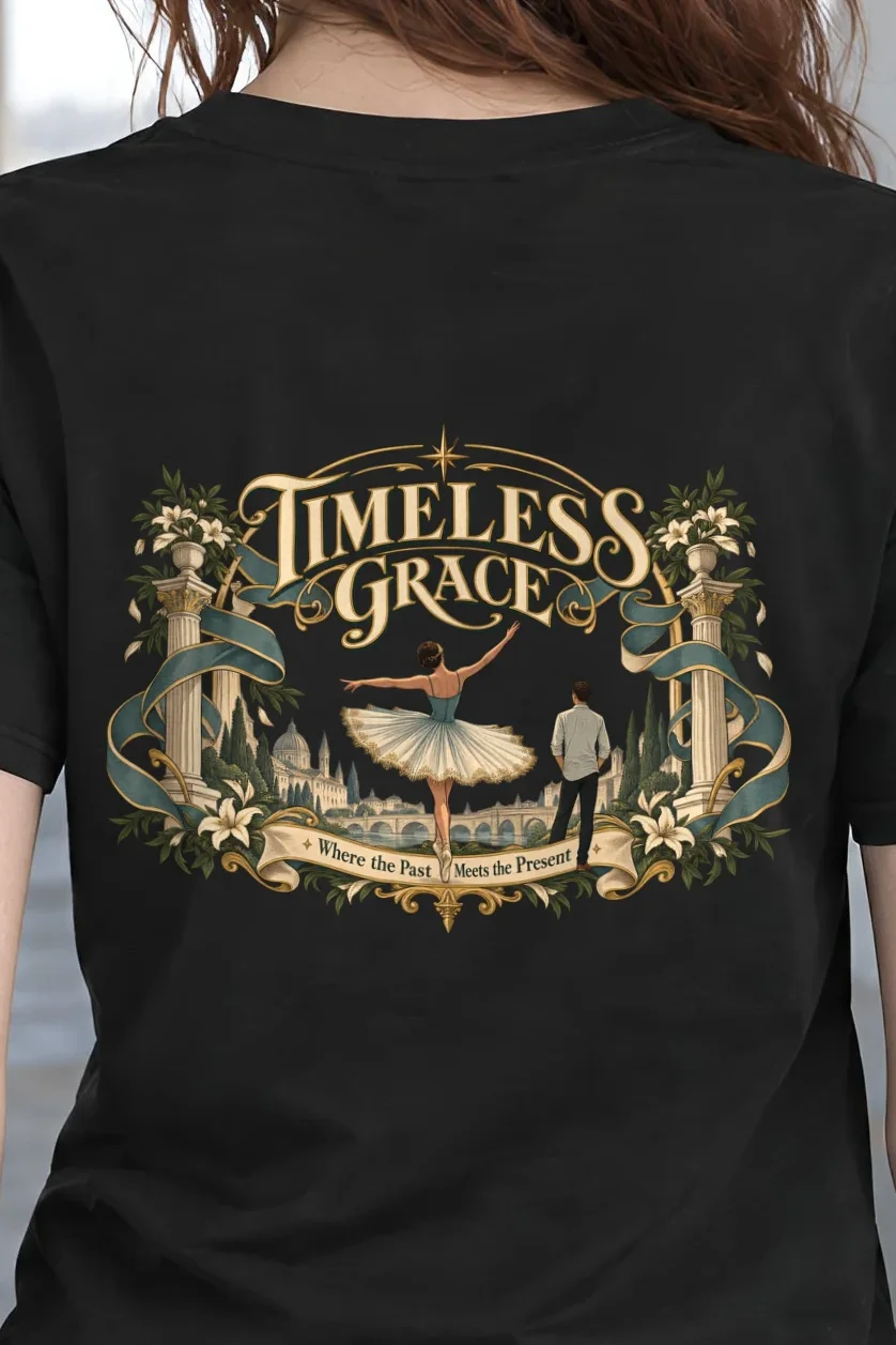 "Timeless Grace" Heavyweight Unisex Crewneck T-shirt - the graphic up close