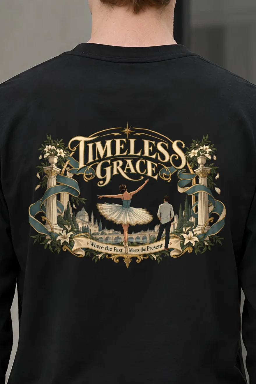 "Timeless Grace" Unisex Longsleeve T-shirt - the graphic up close