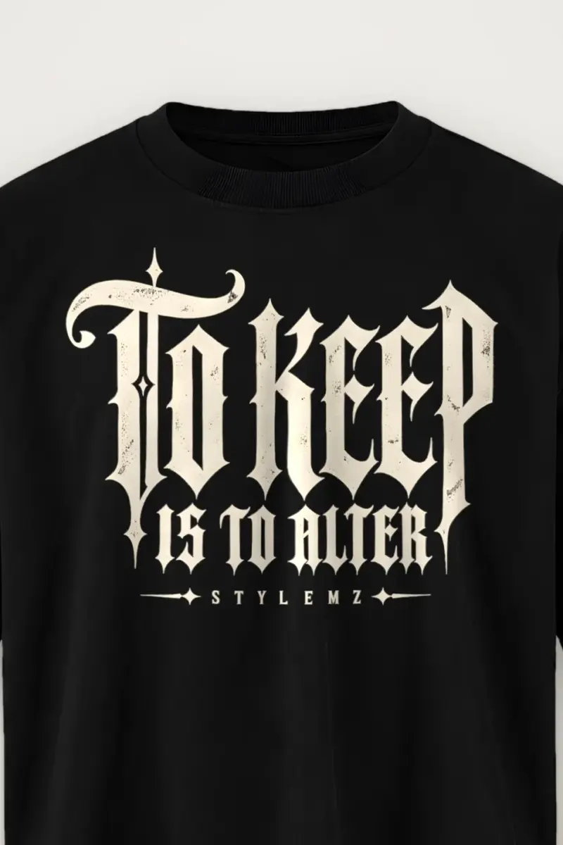 "To Keep Is to Alter" Men’s Oversized Heavyweight Crewneck T-Shirt - the graphic up close