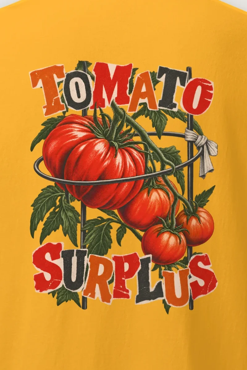 "Tomato Surplus" Heavyweight Unisex Crewneck T-shirt - the graphic up close