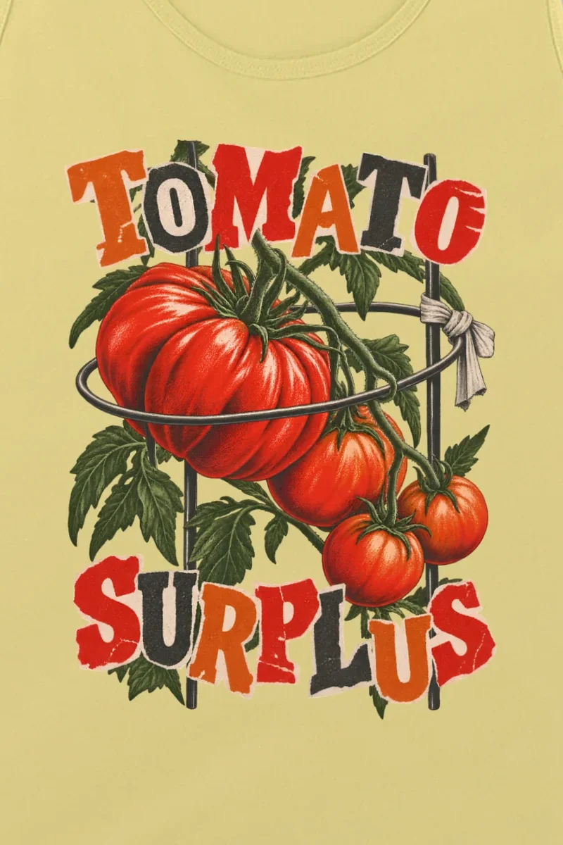 "Tomato Surplus" Unisex Jersey Tank - the graphic up close