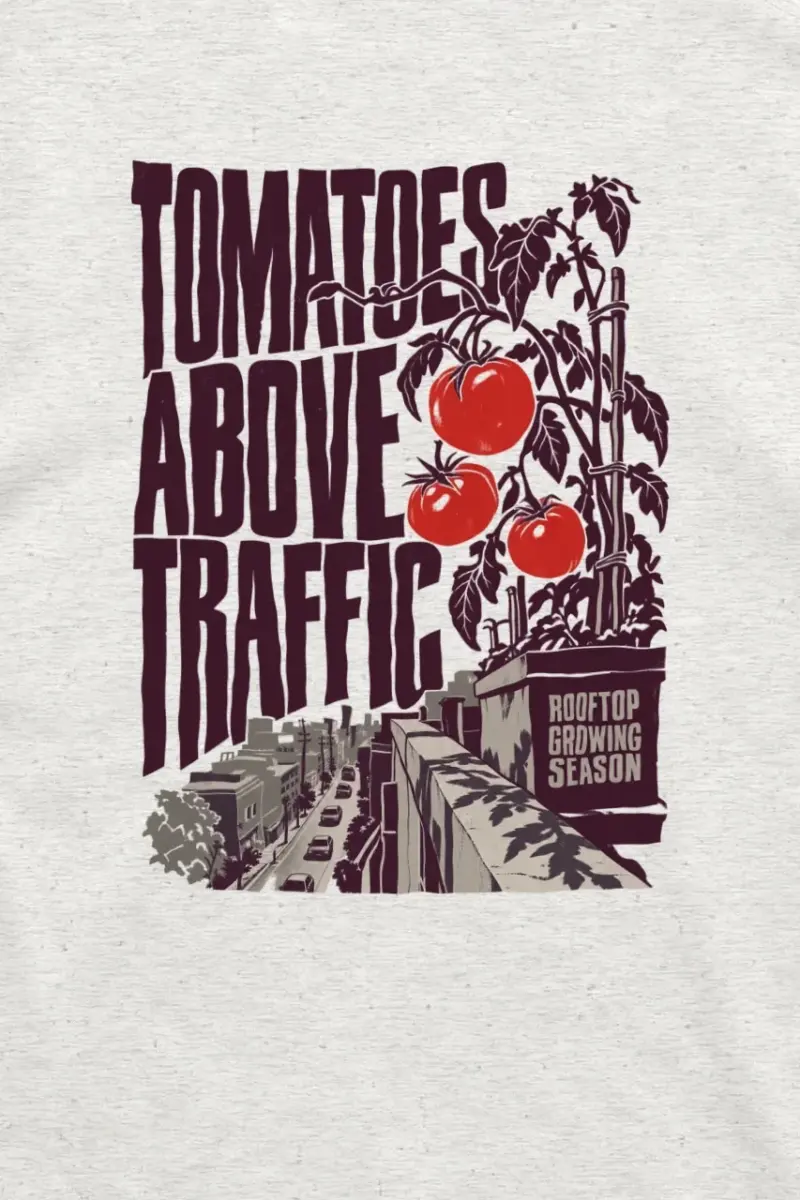 "Tomatoes Above Traffic" Unisex Longsleeve T-shirt - the graphic up close