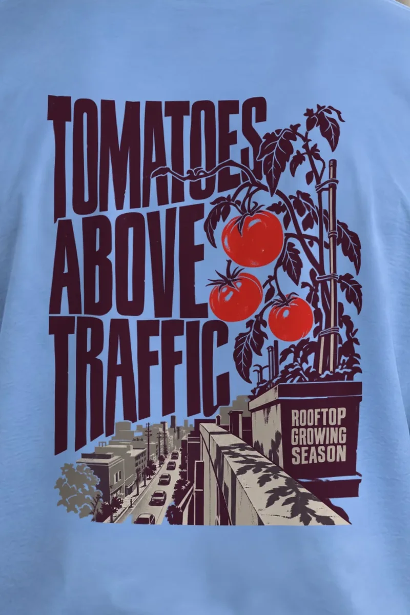 "Tomatoes Above Traffic" Unisex Longsleeve T-shirt - the graphic up close
