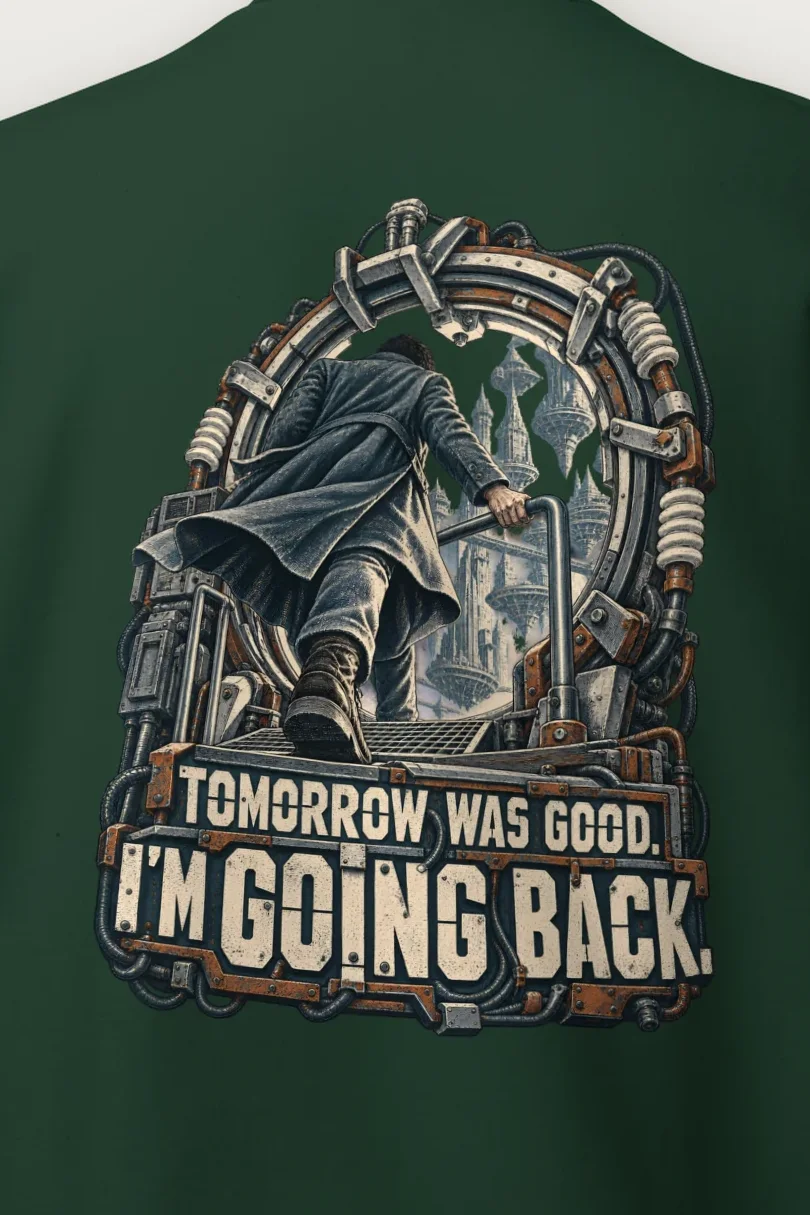 "Tomorrow Was Good, I’m Going Back" Heavy Blend Unisex Crewneck Sweatshirt - the graphic up close